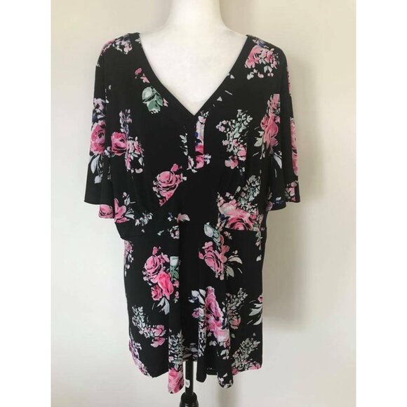 TORRID Short Sleeve Top Size 3 Stretchy Jersey Knit Peplum Black Pink Floral - Picture 2 of 7
